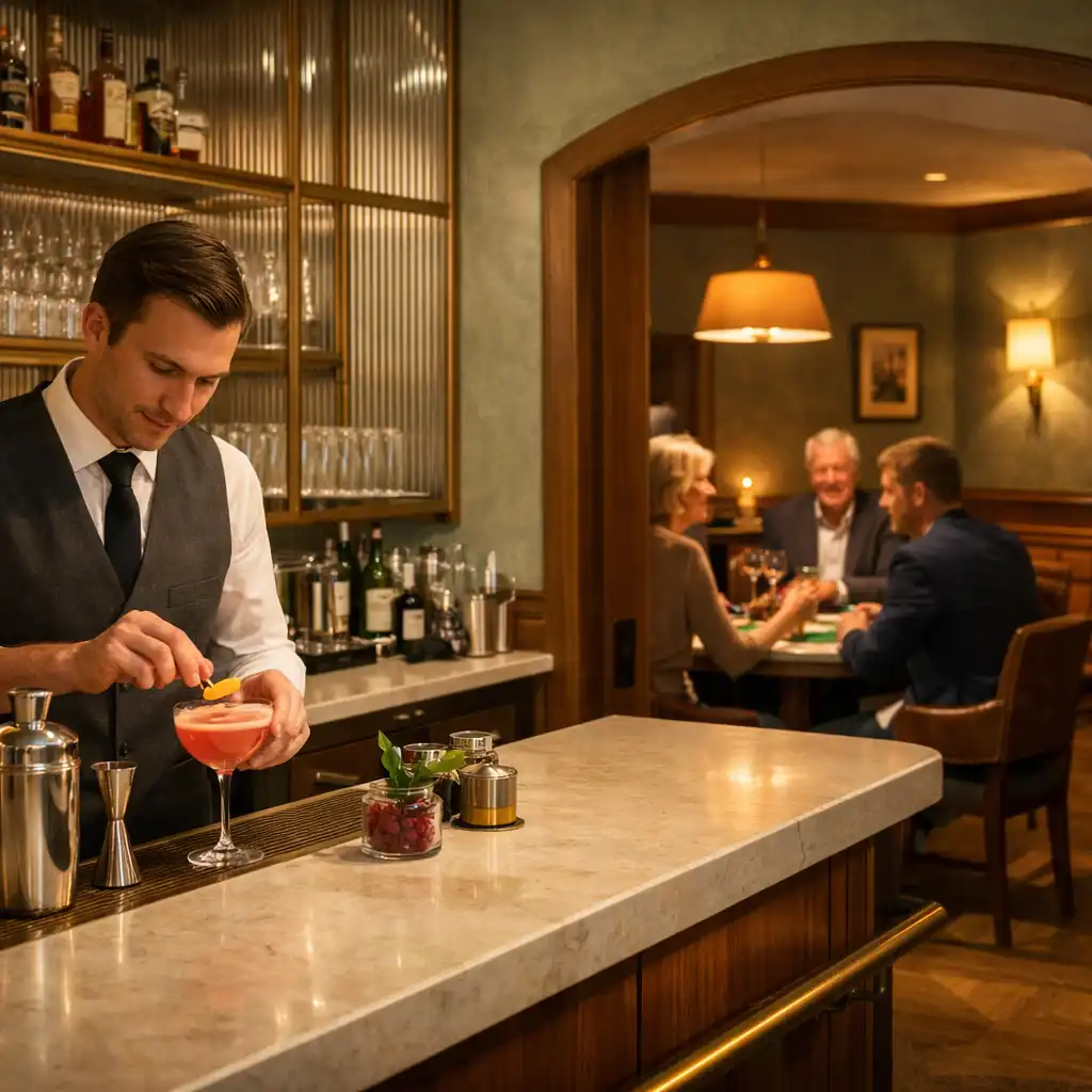 Bar s průhledem do společenského prostoru Card Lounge
