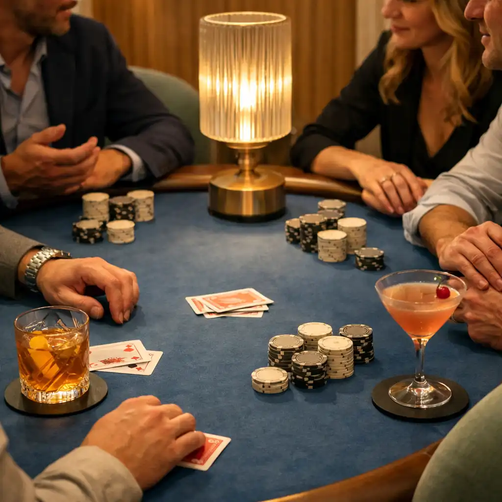 Blue Table v Card Lounge s modrou plstí a měkkým světlem