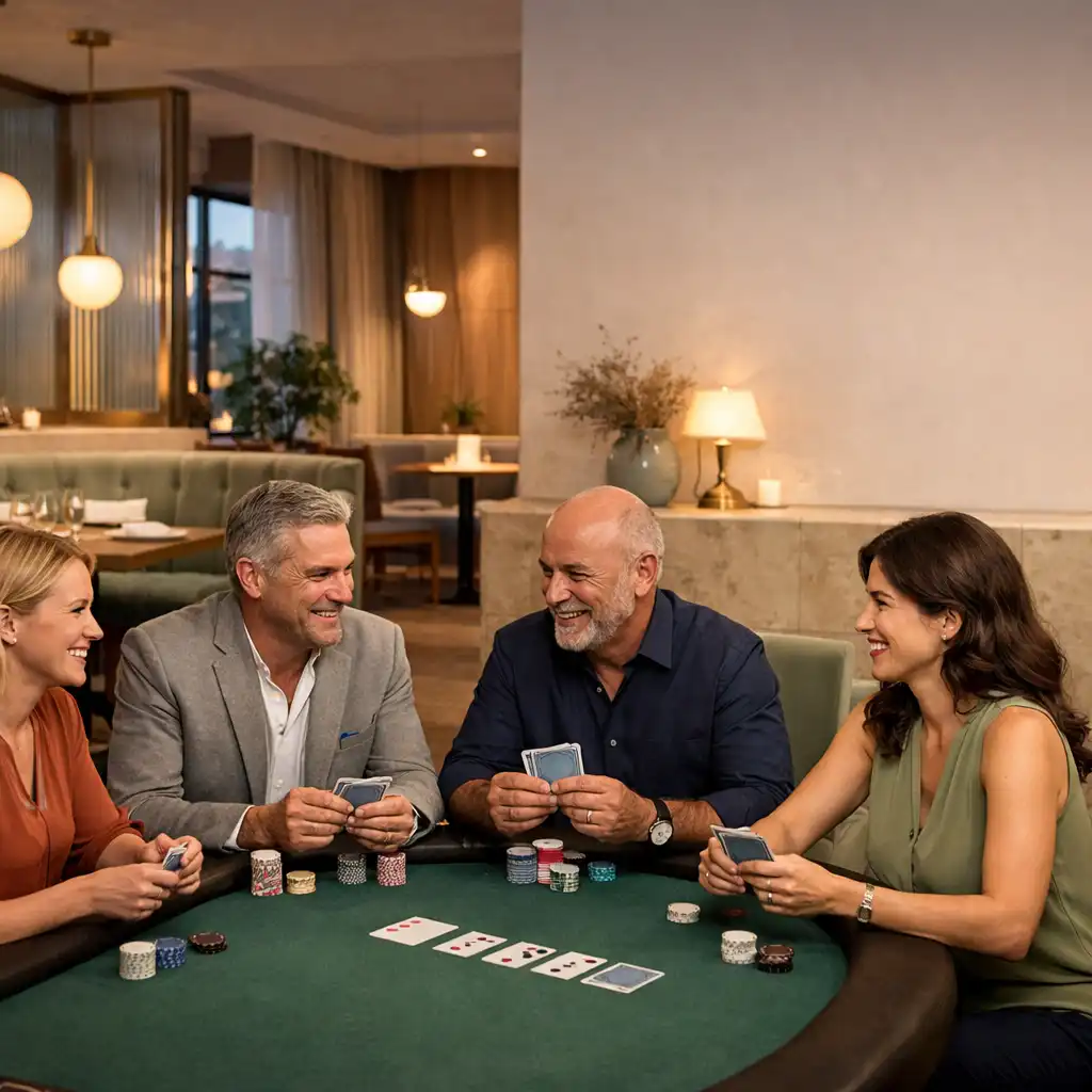 Hosté v prosvětleném Card Lounge u skutečného pokerového stolu