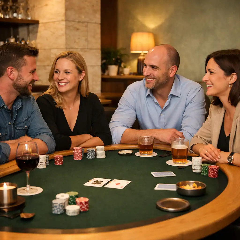 Classic Table s tmavozelenou plstí, kartami a hosty v rozhovoru