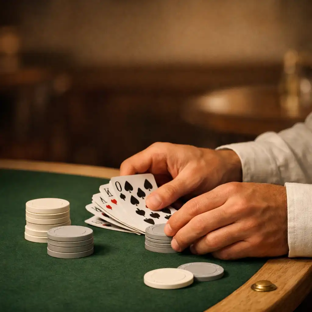 Detail rukou, fyzických karet a neutrálních žetonů na zelené plsti pokerového stolu.