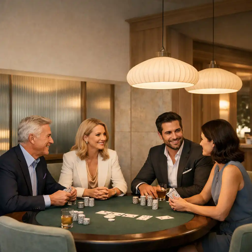 Hosté u skutečného pokerového stolu v interiéru restaurace ZahradniSalon v Praze.
