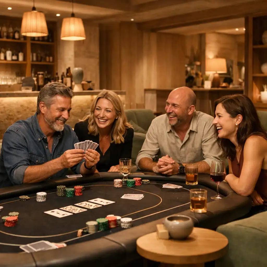 Hosté vedou nenucenou konverzaci ve světlém Card Lounge se skutečným pokerovým stolem