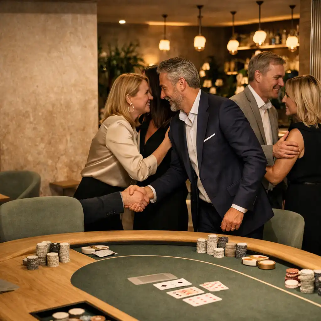 Hosté přicházejí ke skutečnému pokerovému stolu v prosvětleném Card Lounge