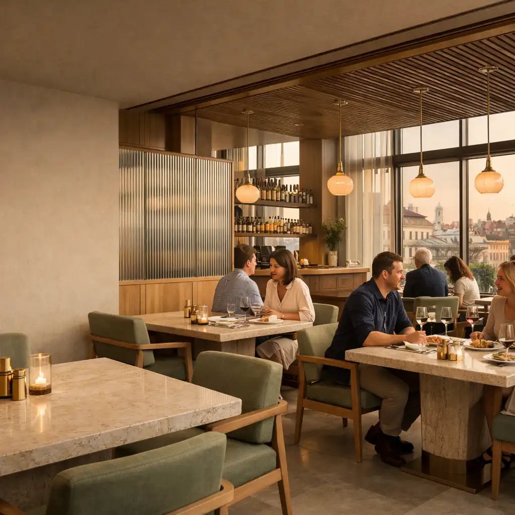 Světlý hlavní sál restaurace ZahradniSalon s hosty u stolů