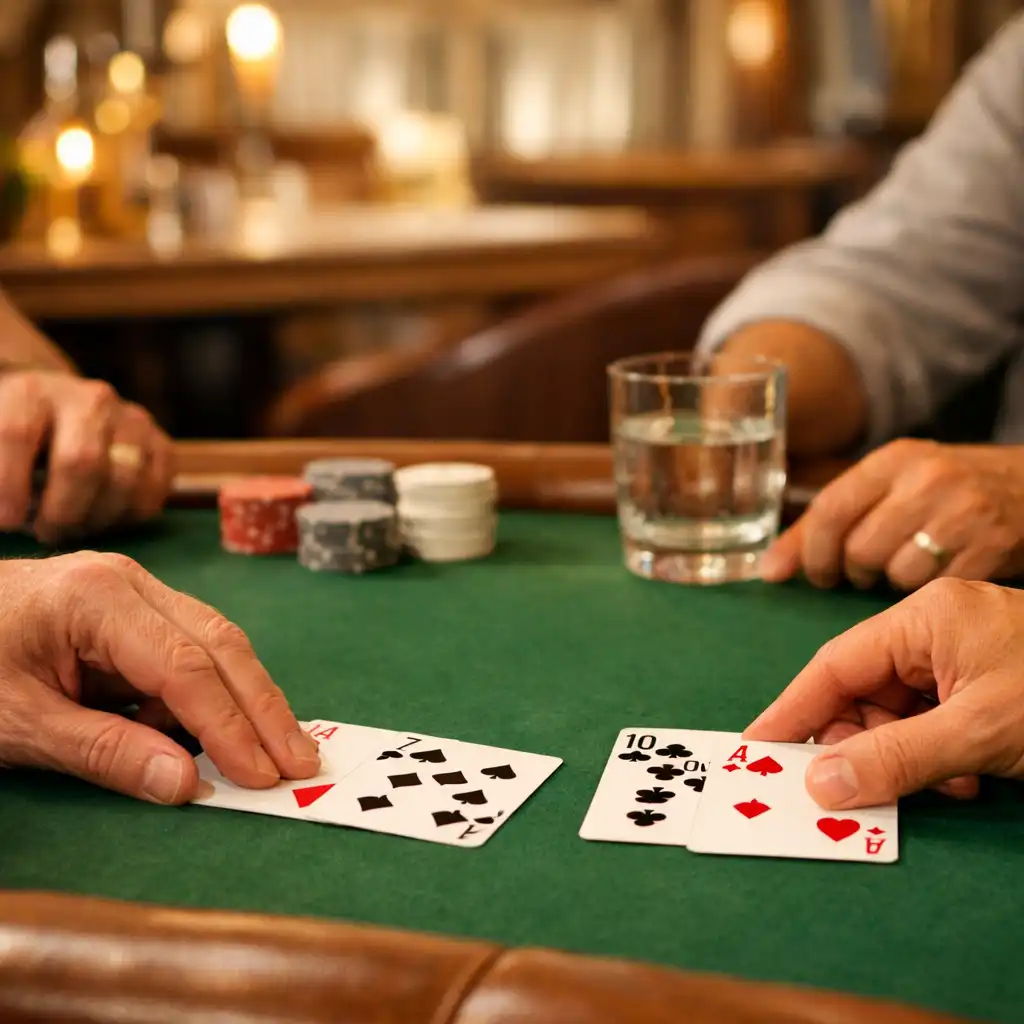 Ruce hostů a karty u skutečného pokerového stolu