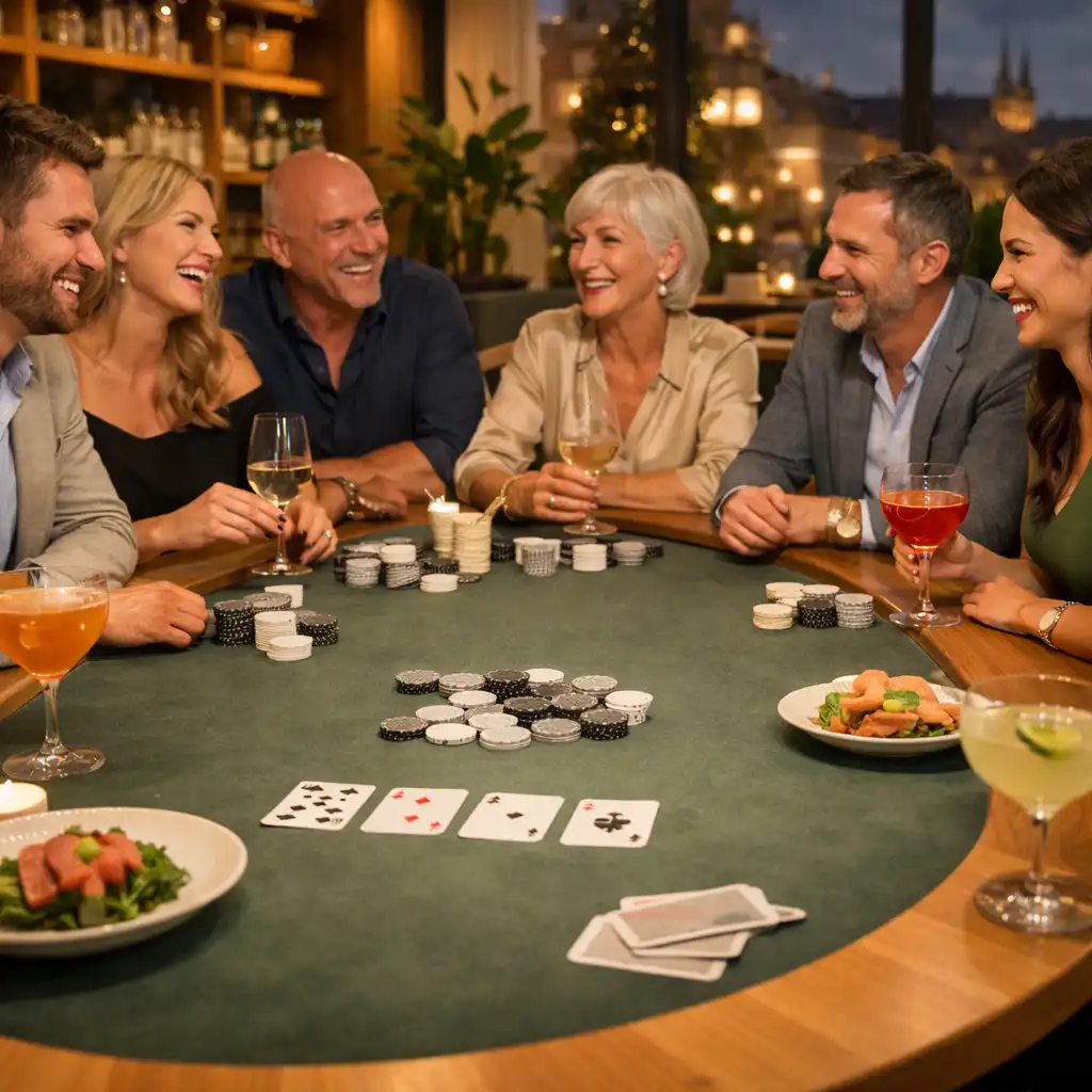 Přátelé u Social Table s jídlem, koktejly a kartami