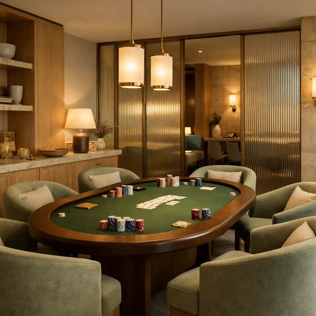 Světlý Card Room s pokerovým stolem, lounge sezením a přírodními materiály