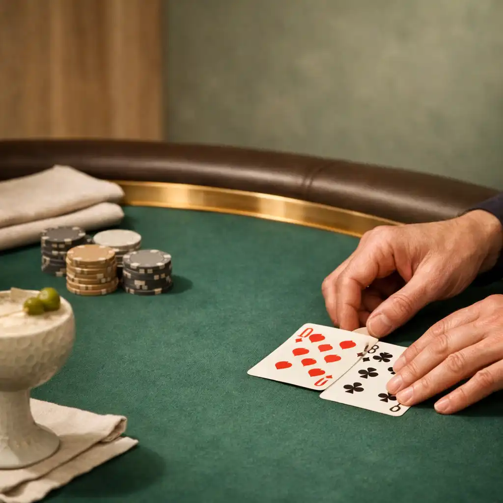 Ruce hostů, karty a jemný zelený povrch soukromého pokerového stolu
