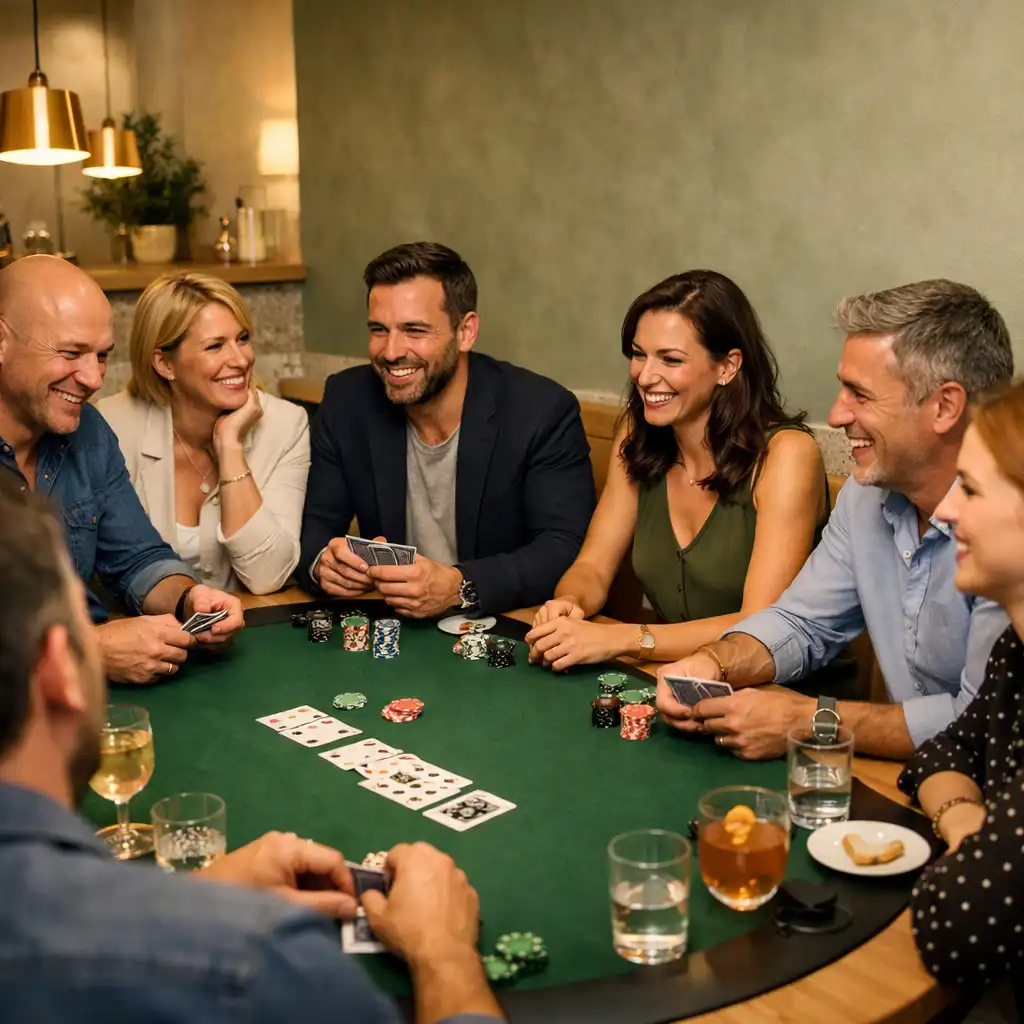 Skupina hostů při společenském pokerovém večeru u skutečného stolu v restauraci ZahradniSalon v Praze.